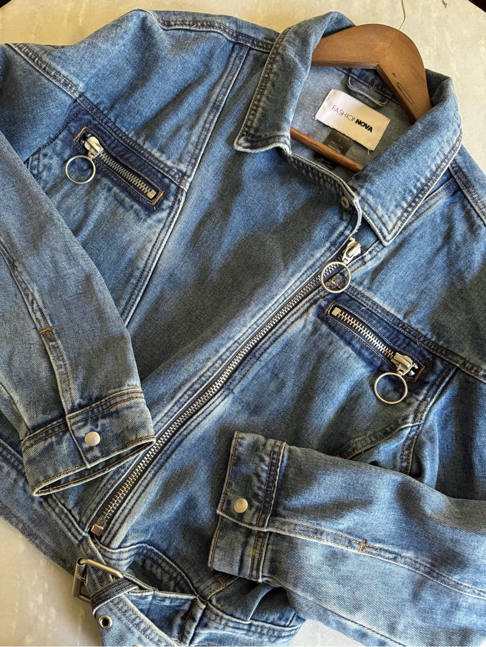 Classic Blue Denim Moto Jacket - Size L - Picture 3 of 5